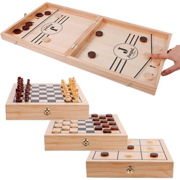 4-in-1 Wooden Fast Sling Puck Set for Kids and Adults, Chess, Checkers, Tic Tac - Picture 1 of 7
